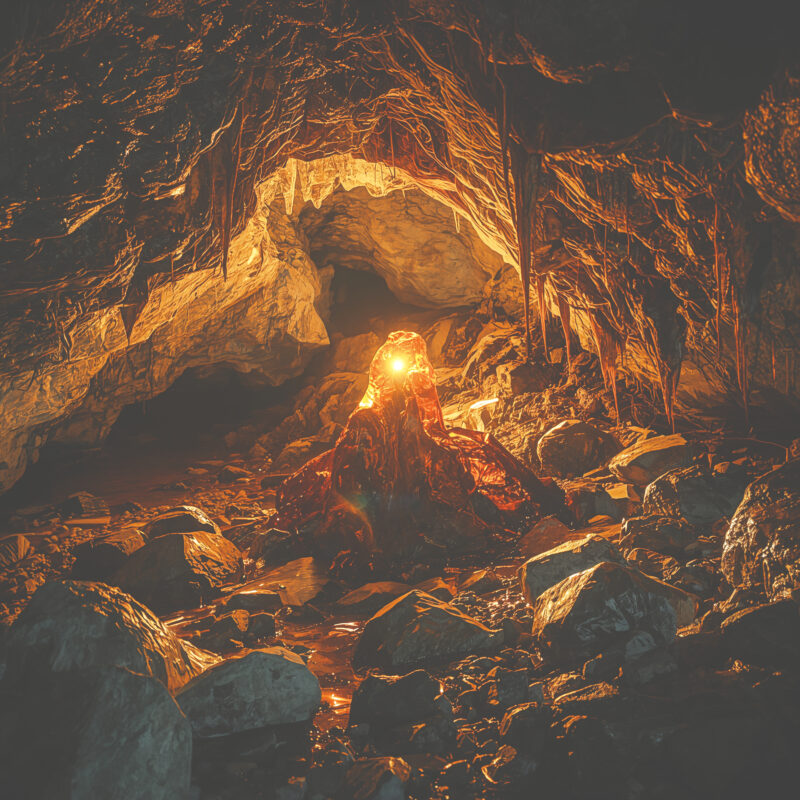 A glowing piece of amber inside a dark cave, illuminating nearby rocks and stalactites with warm golden light.