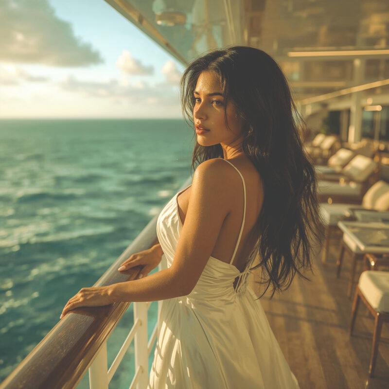 A woman standing at the railing of a cruise ship at sunset, gazing across a golden-lit sea toward the distant horizon.