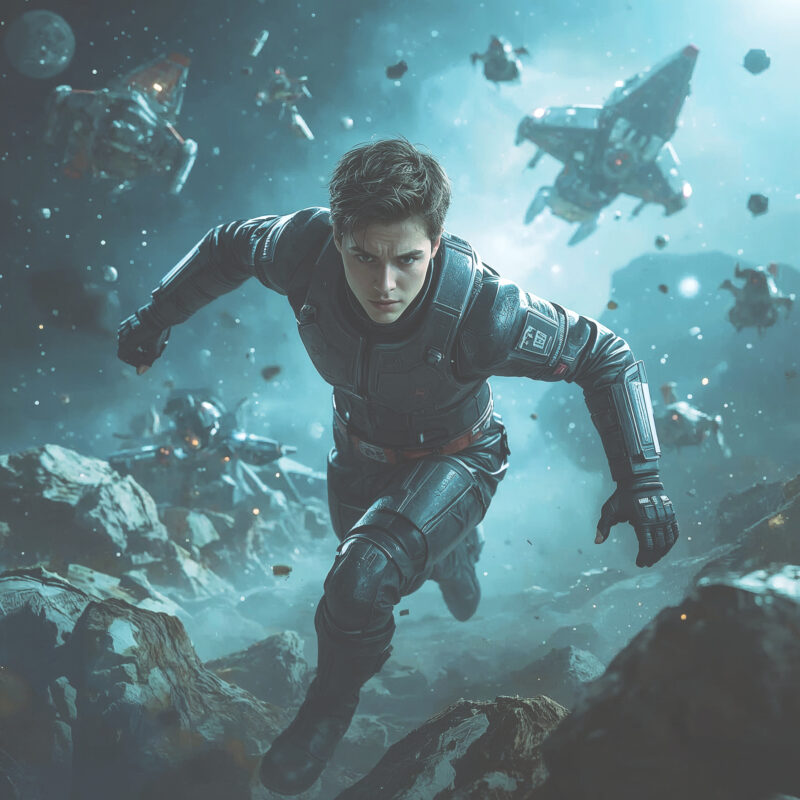 A young man racing through a debris-filled expanse of space during a tense, high-speed pursuit.