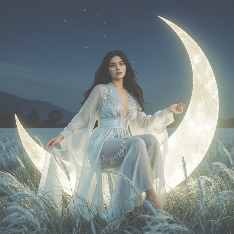 A dark-haired woman in white sitting on a glowing crescent moon in a quiet meadow beneath a starry night sky.