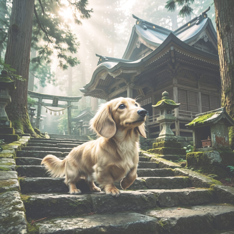 A small puppy climbing moss-covered stone steps toward a quiet forest shrine and torii gate, with soft sunlight filtering through the trees.