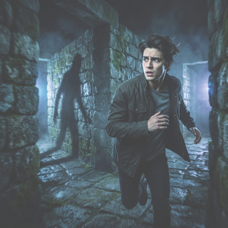 A young man running through a dim stone maze, looking back nervously as a shadowy shape appears behind him.