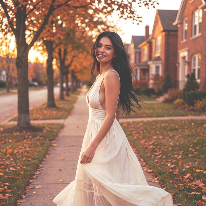 A smiling woman in a white dress walking along a tree-lined street filled with autumn colors at dusk.