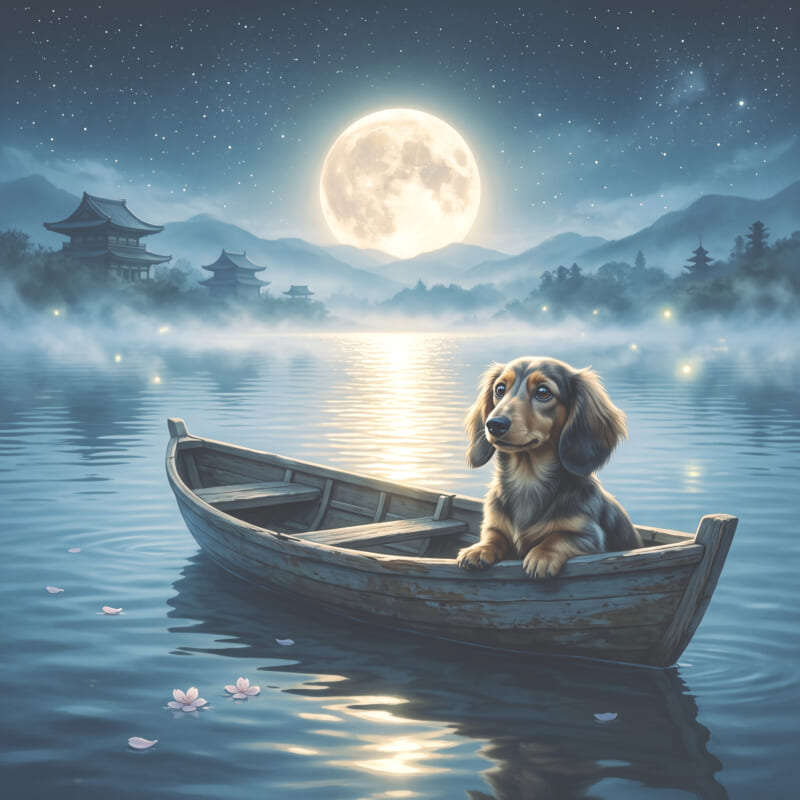 A young dachshund puppy sitting in a small wooden boat on a misty lake at night, gazing up at a glowing full moon reflected across the water.