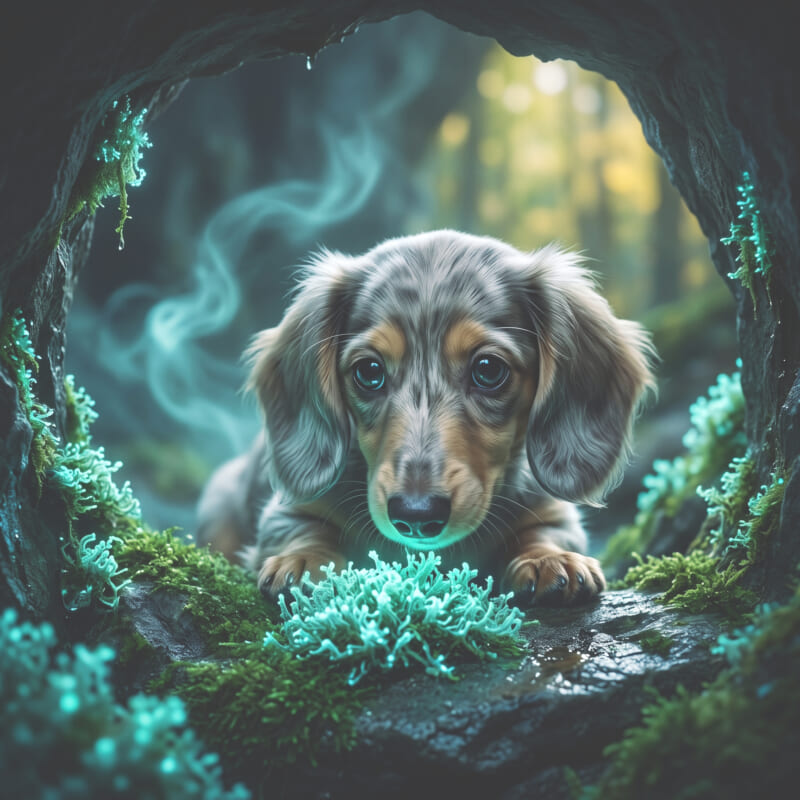 A young dachshund puppy gazing at softly glowing blue-green moss inside a rocky hollow, with pale mist and a sunlit forest in the background.