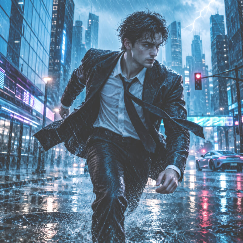 A young man in a suit and tie running through heavy rain on a city street, with lightning flashing above skyscrapers.